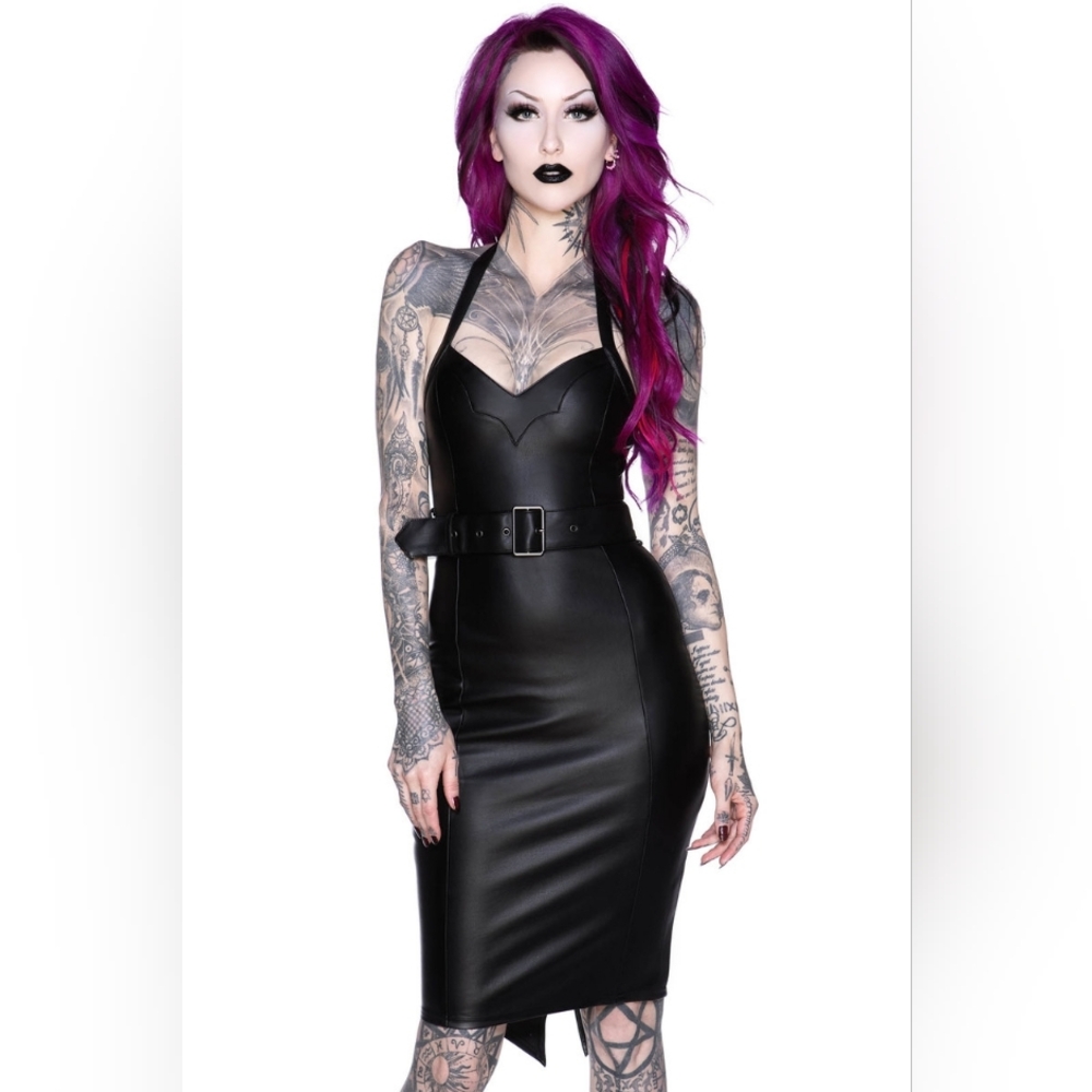 Killstar Black Backless Faux Leather Bodycon Dress - Picture 2 of 5